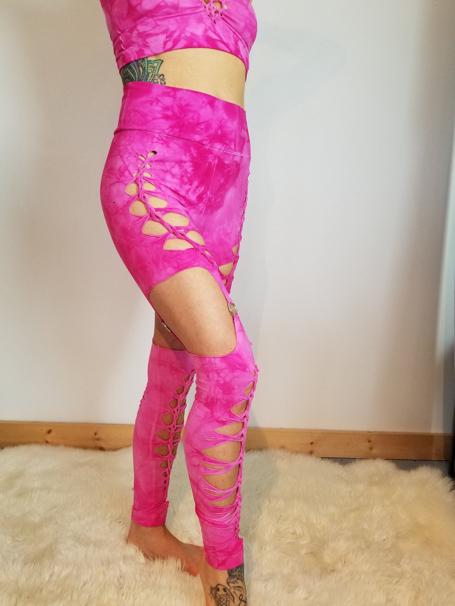 Custom Dyed Garter Braided Yoga Leggings, boho, festival clothing, hoop fashion, ripped leggings, pole dance, slit weave