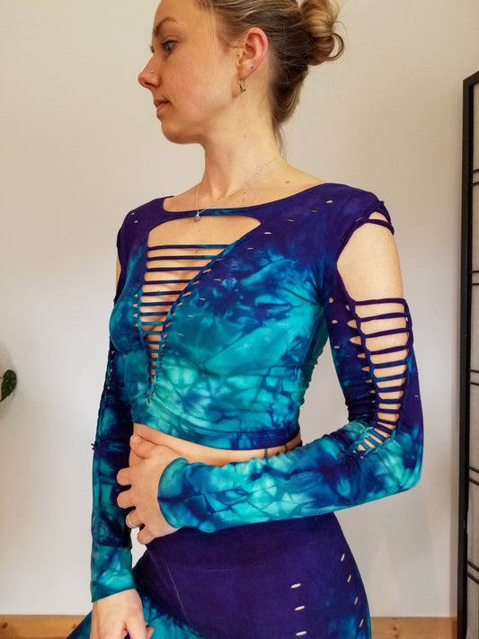 Purple Jade Long Sleeved Crop top Hand dyed Yoga Slit weave Fire hula hoop