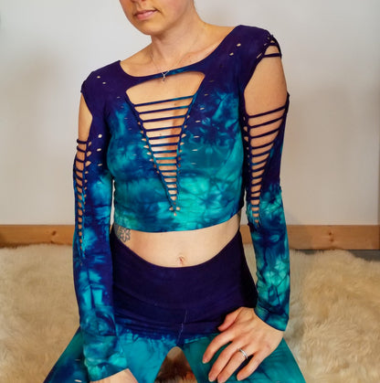 Purple Jade Long Sleeved Crop top Hand dyed Yoga Slit weave Fire hula hoop