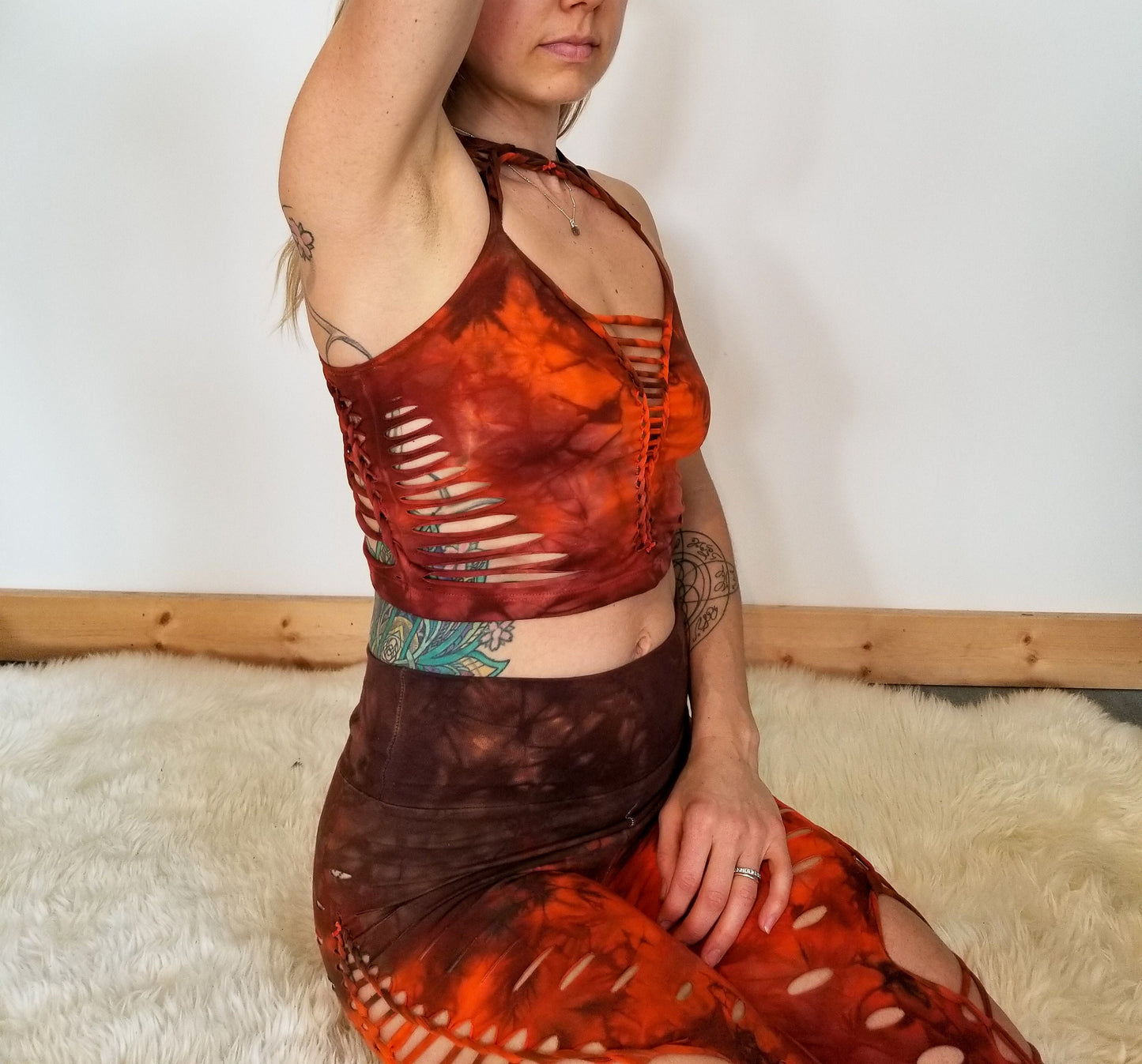 Brown Rust Crop top Hand dyed Yoga Slit weave Fire hula hoop