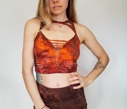 Brown Rust Crop top Hand dyed Yoga Slit weave Fire hula hoop