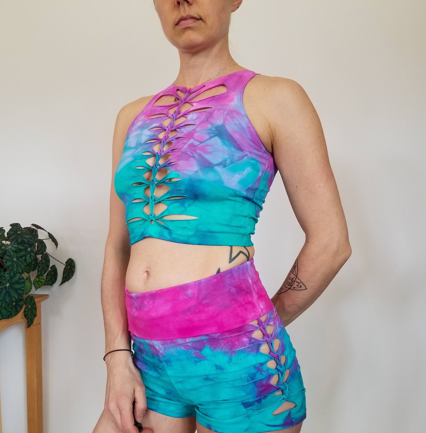 Cotton Candy Crop top Hand dyed Yoga Slit weave Fire hula hoop