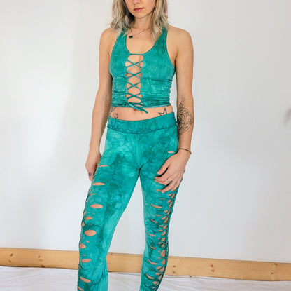 SEA GLASS laced Crop top Hand dyed Yoga Slit weave Fire hula hoop