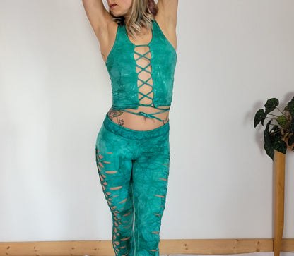 SEA GLASS laced Crop top Hand dyed Yoga Slit weave Fire hula hoop __etsy:3584176080