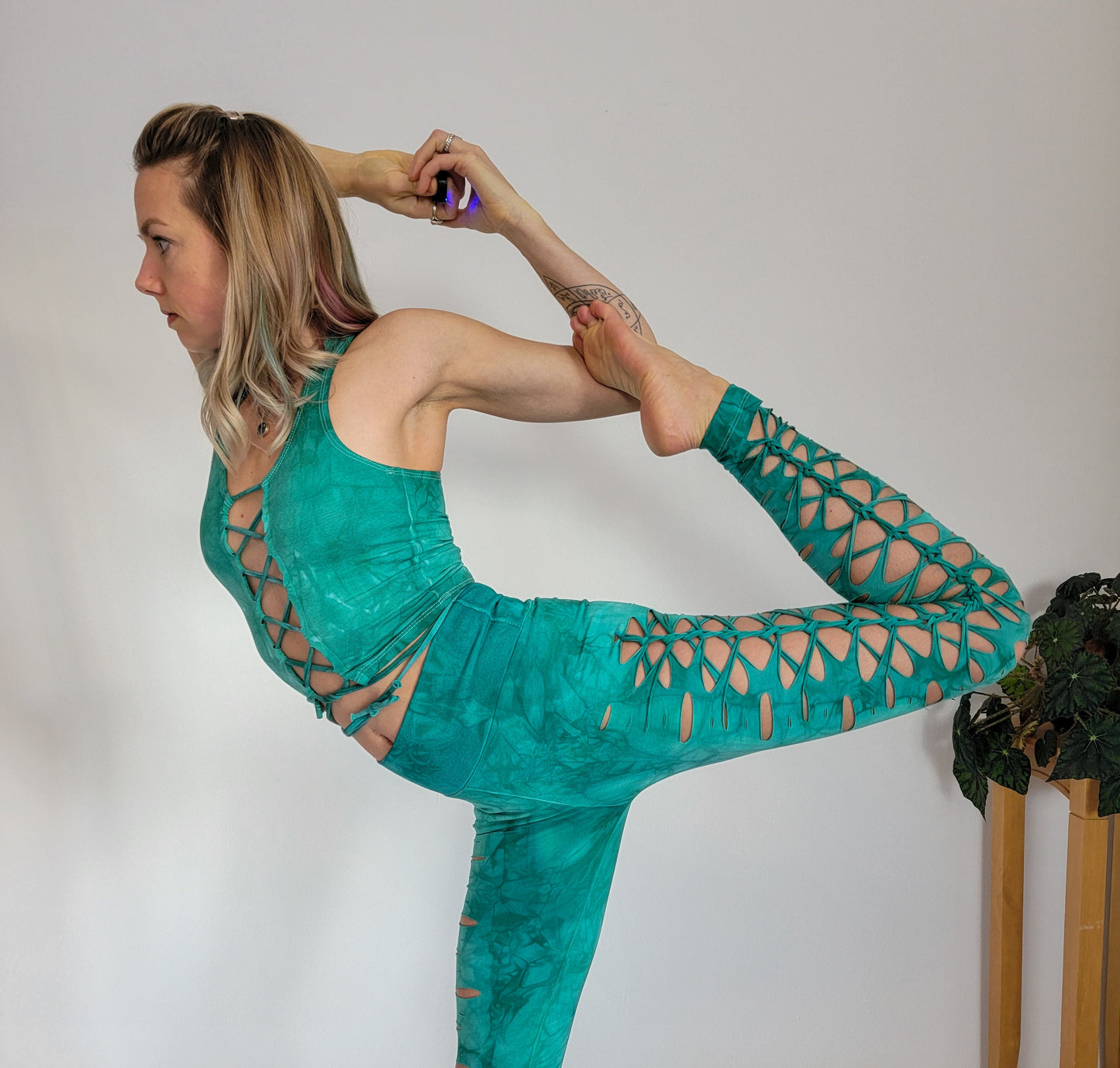 SEA GLASS Yoga leggings Hand Dyed, fire safe, gift for her, hula hoop, slit weave