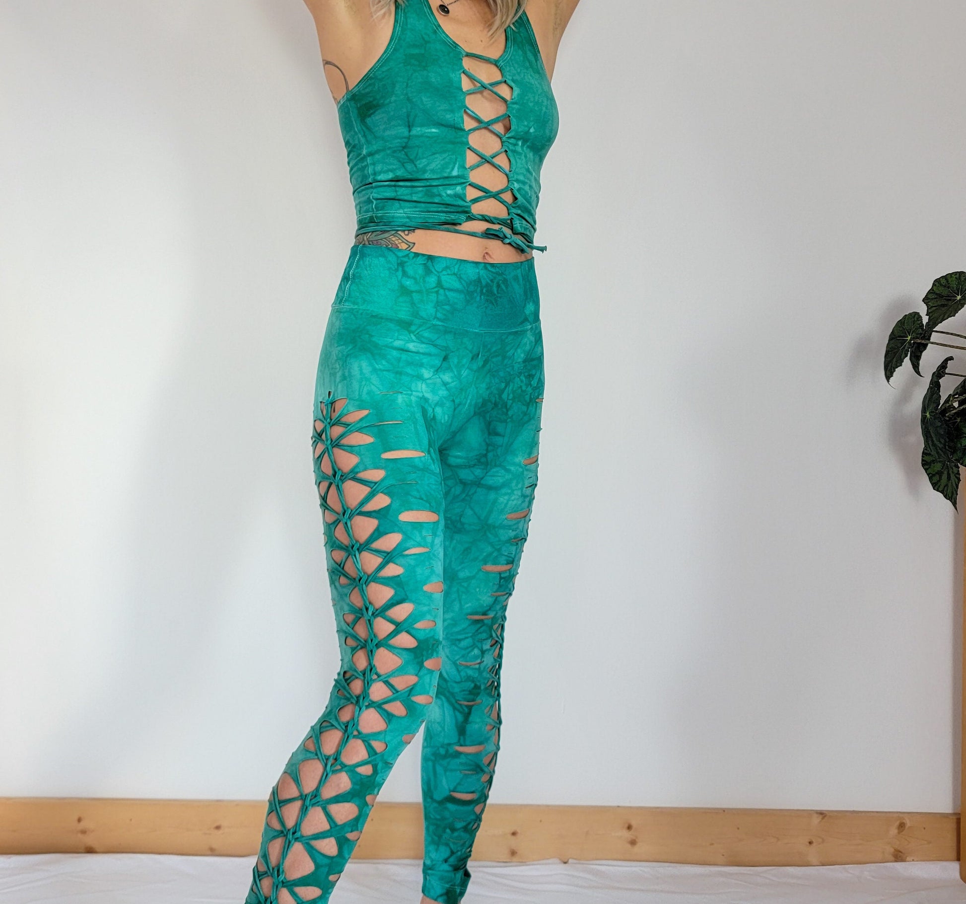 Sea Glass Hand-Dyed Leggings: Braided Slit Weave, Yoga Dance Pants __etsy:3584186976