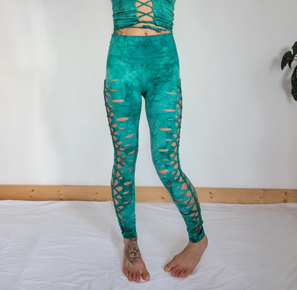 Sea Glass Hand-Dyed Leggings: Braided Slit Weave, Yoga Dance Pants __etsy:3584187174
