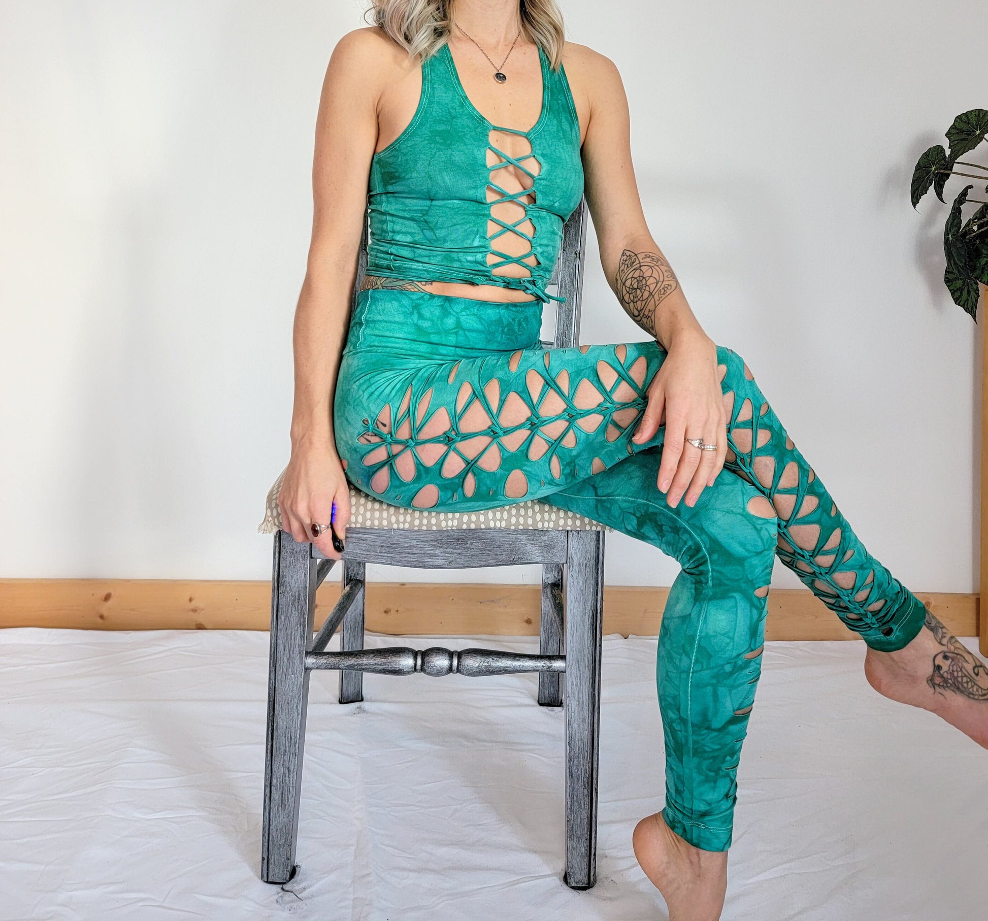 Sea Glass Hand-Dyed Leggings: Braided Slit Weave, Yoga Dance Pants __etsy:3584187876