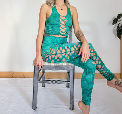 Sea Glass Hand-Dyed Leggings: Braided Slit Weave, Yoga Dance Pants __etsy:3584187876