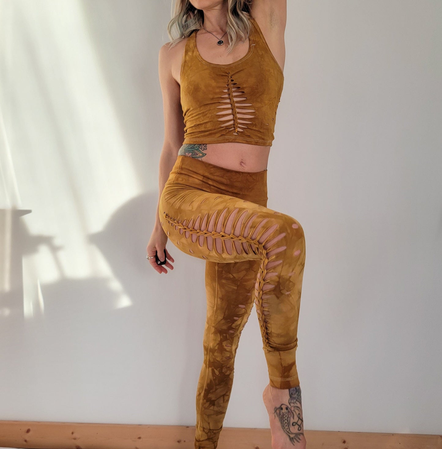 Amber Yoga leggings Hand Dyed, fire safe, gift for her, hula hoop, slit weave