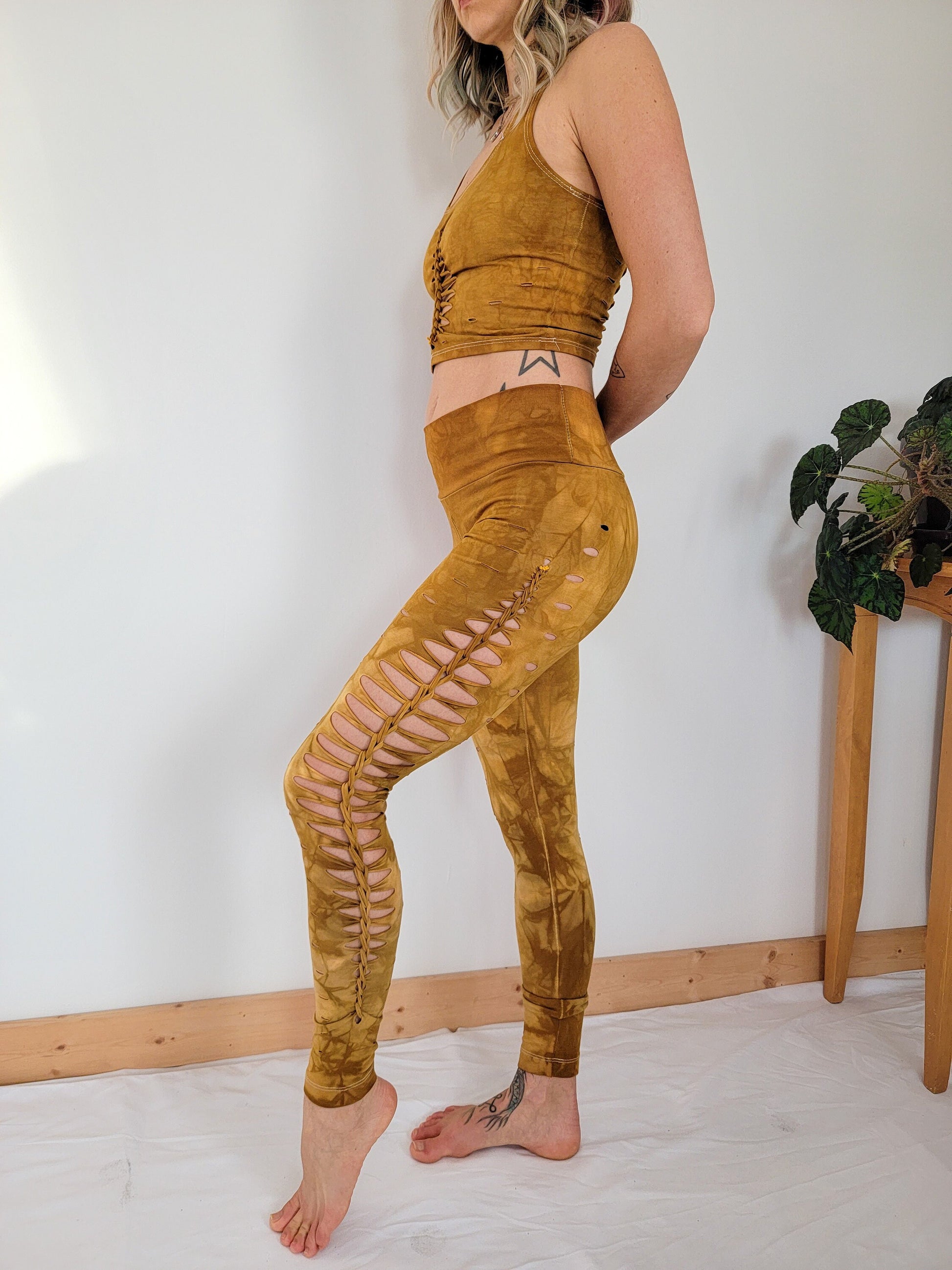 Amber Hand-Dyed Yoga Leggings: Braided Slit Weave, Fire Safe __etsy:3631733735