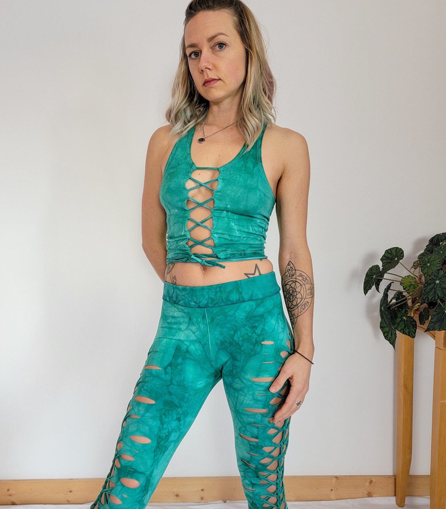 SEA GLASS laced Crop top Hand dyed Yoga Slit weave Fire hula hoop