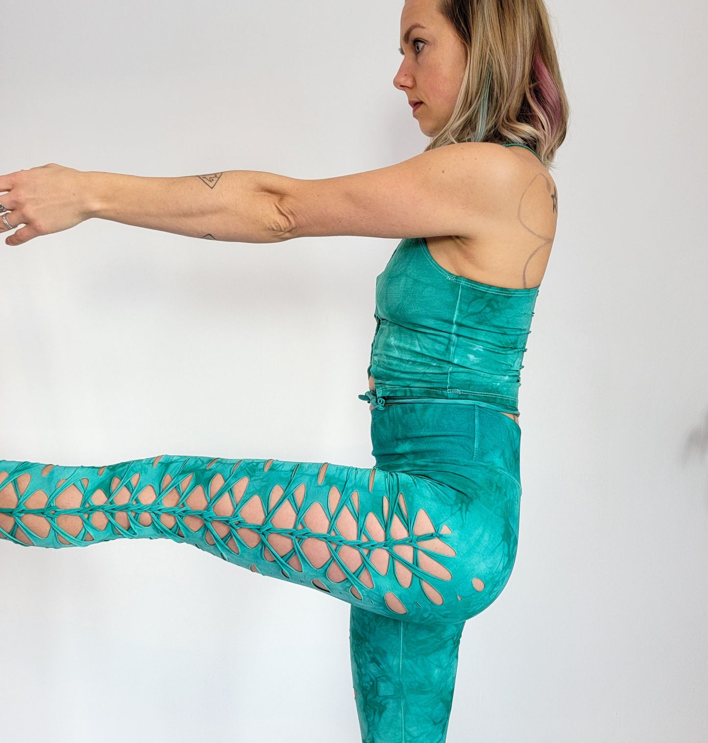 SEA GLASS Yoga leggings Hand Dyed, fire safe, gift for her, hula hoop, slit weave