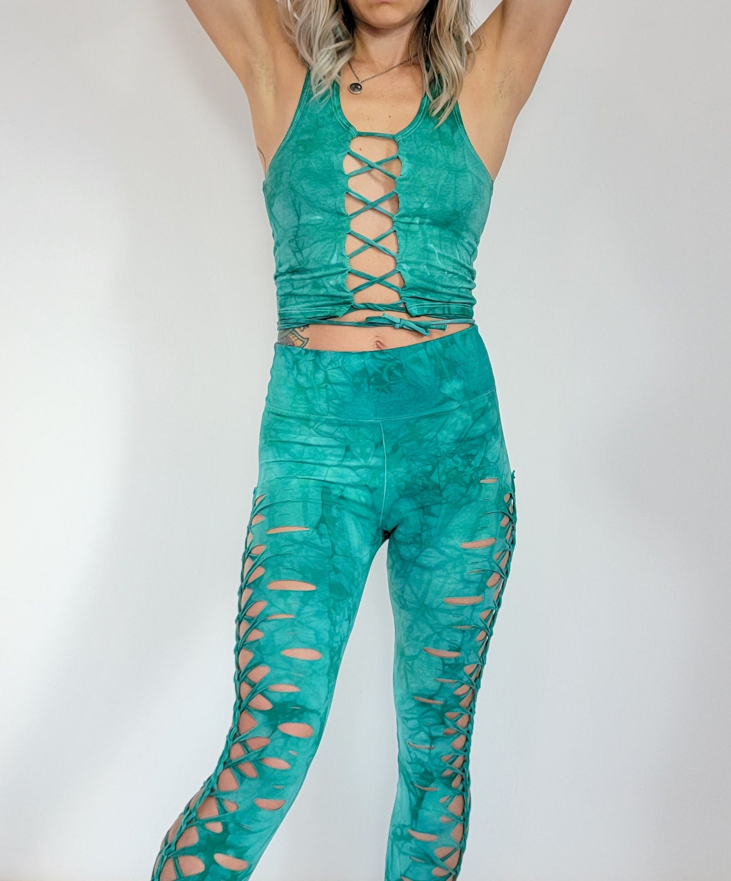 Sea Glass Hand-Dyed Leggings: Braided Slit Weave, Yoga Dance Pants __etsy:3631804085