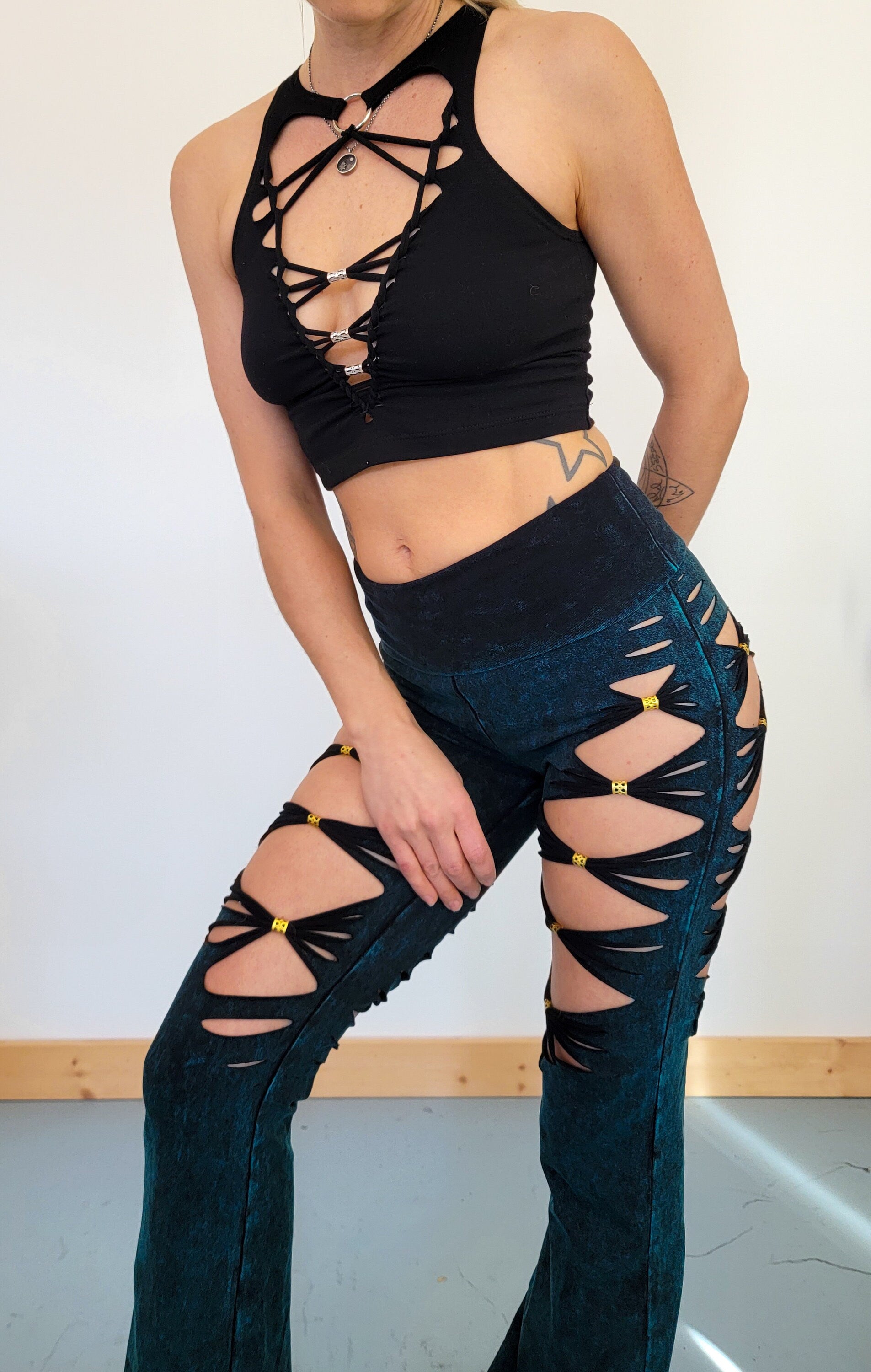 Beaded Mineral Wash Flares Yoga Pants Detail