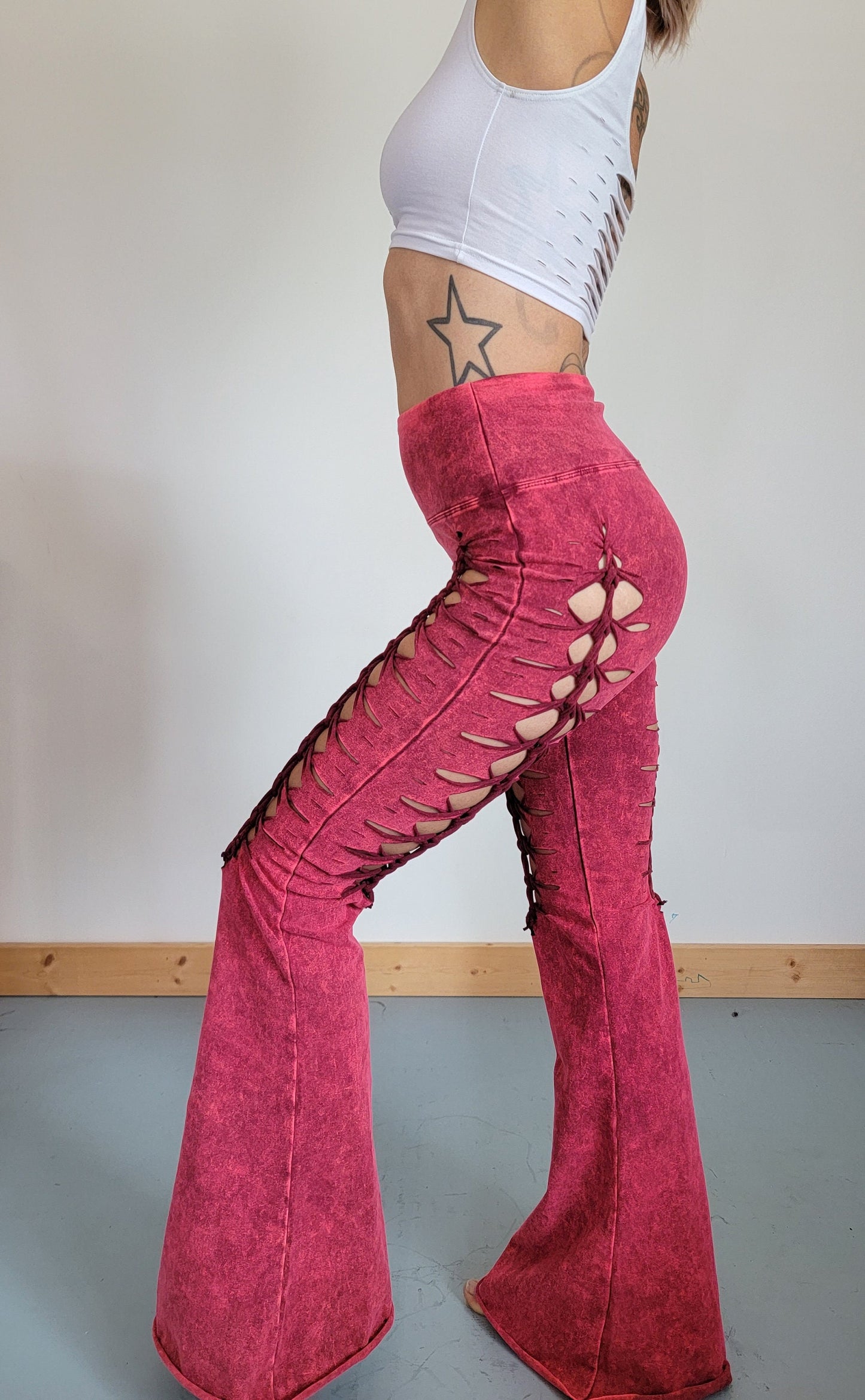 Mineral Wash ROSE Flares Yoga Pants Foldover pants, ripped pants, gift for her