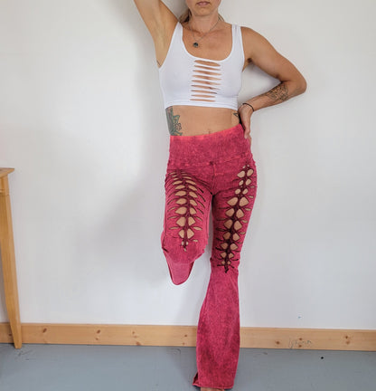 Mineral Wash Rose Flare Yoga Pants: Ripped Foldover Waist __etsy:3990557012