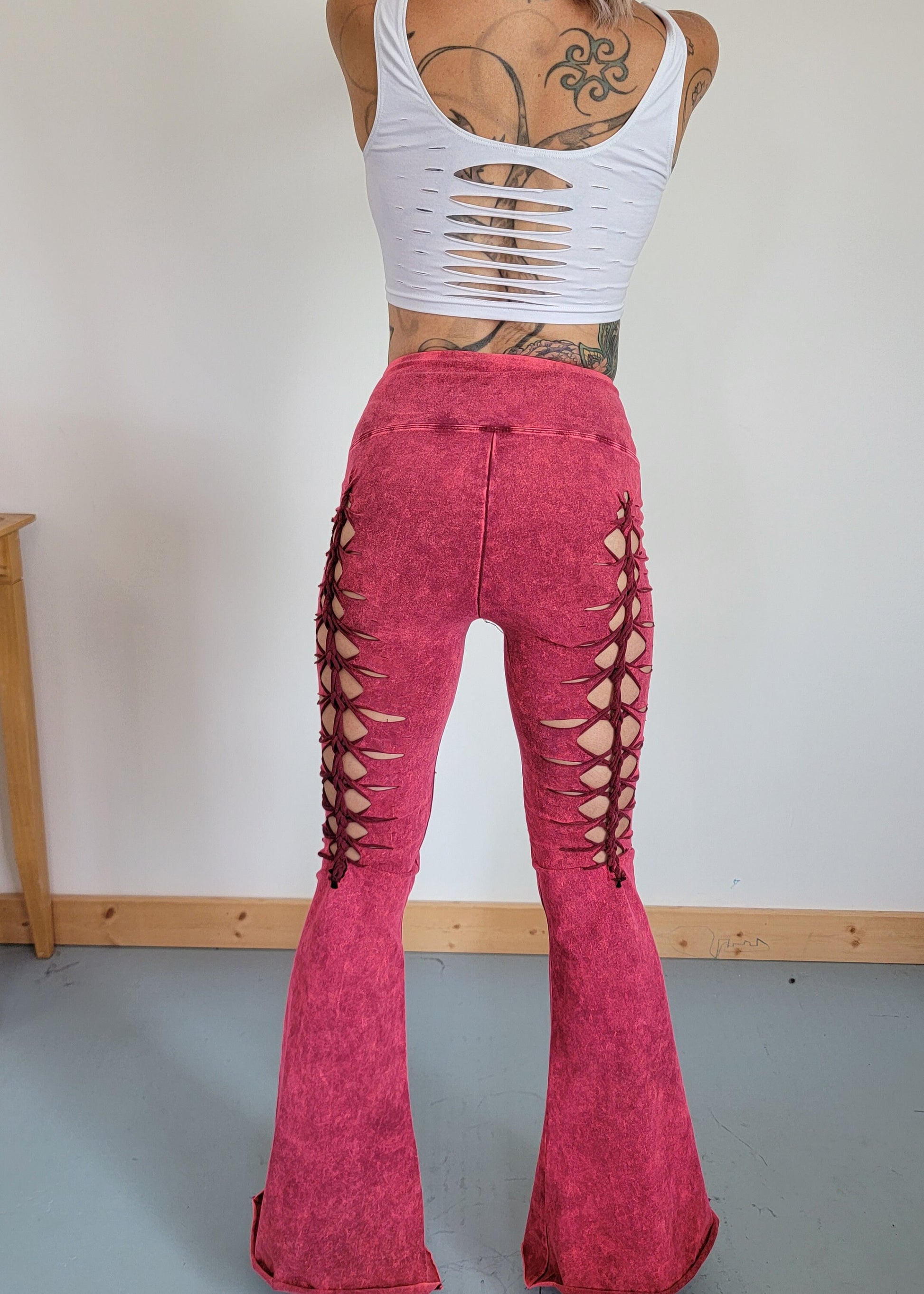 Mineral Wash Rose Flare Yoga Pants: Ripped Foldover Waist __etsy:3990557374