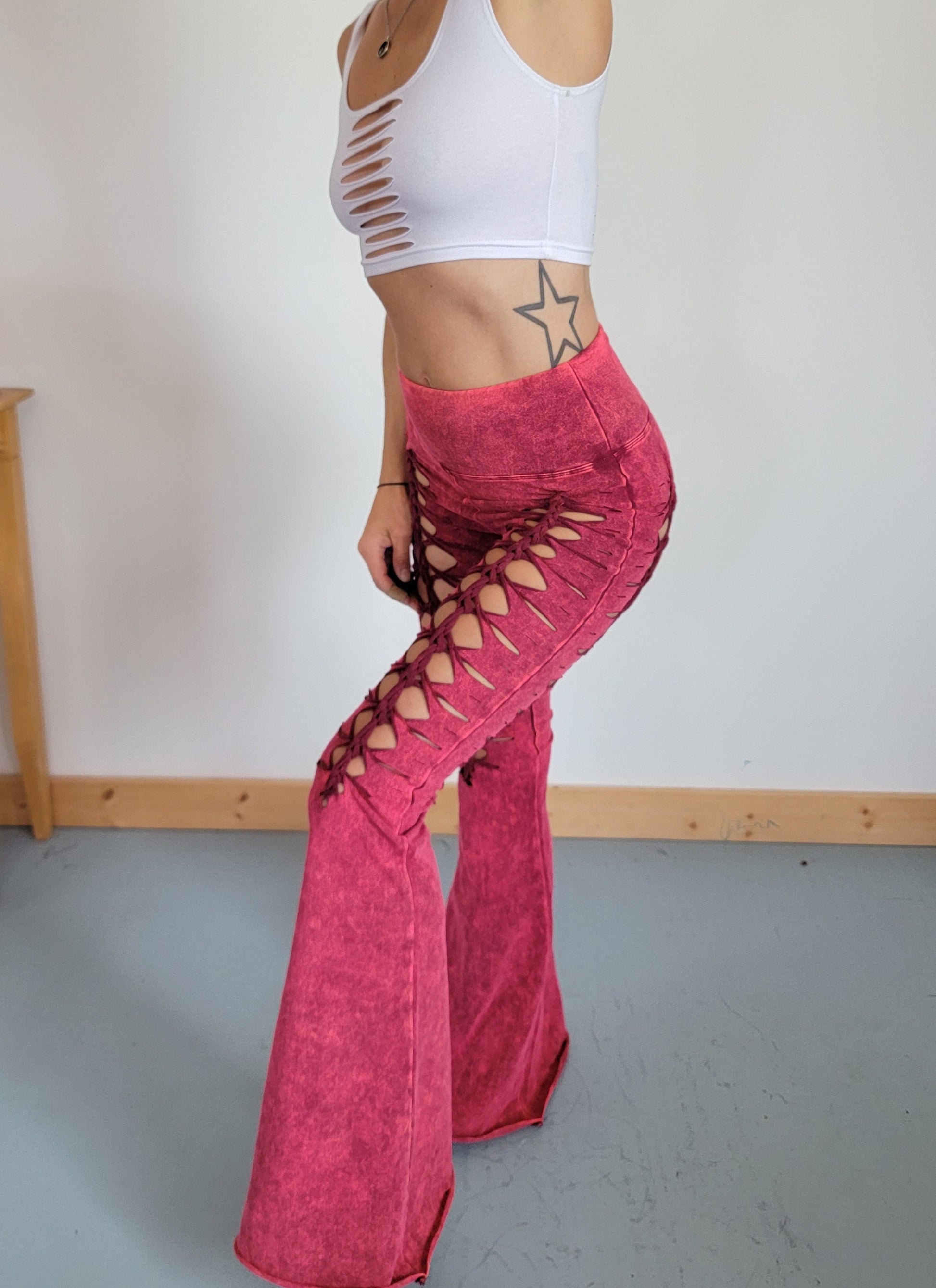 Mineral Wash Rose Flare Yoga Pants: Ripped Foldover Waist __etsy:4038209637
