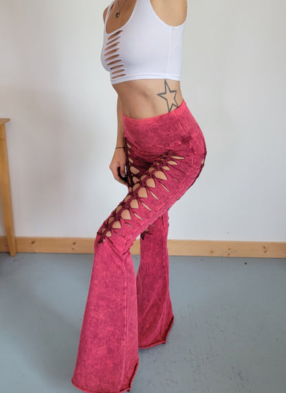 Mineral Wash Rose Flare Yoga Pants: Ripped Foldover Waist __etsy:4038209637