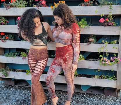 Terracotta to Shitake Long Sleeved Crop top Hand dyed Yoga Slit weave Fire hula hoop
