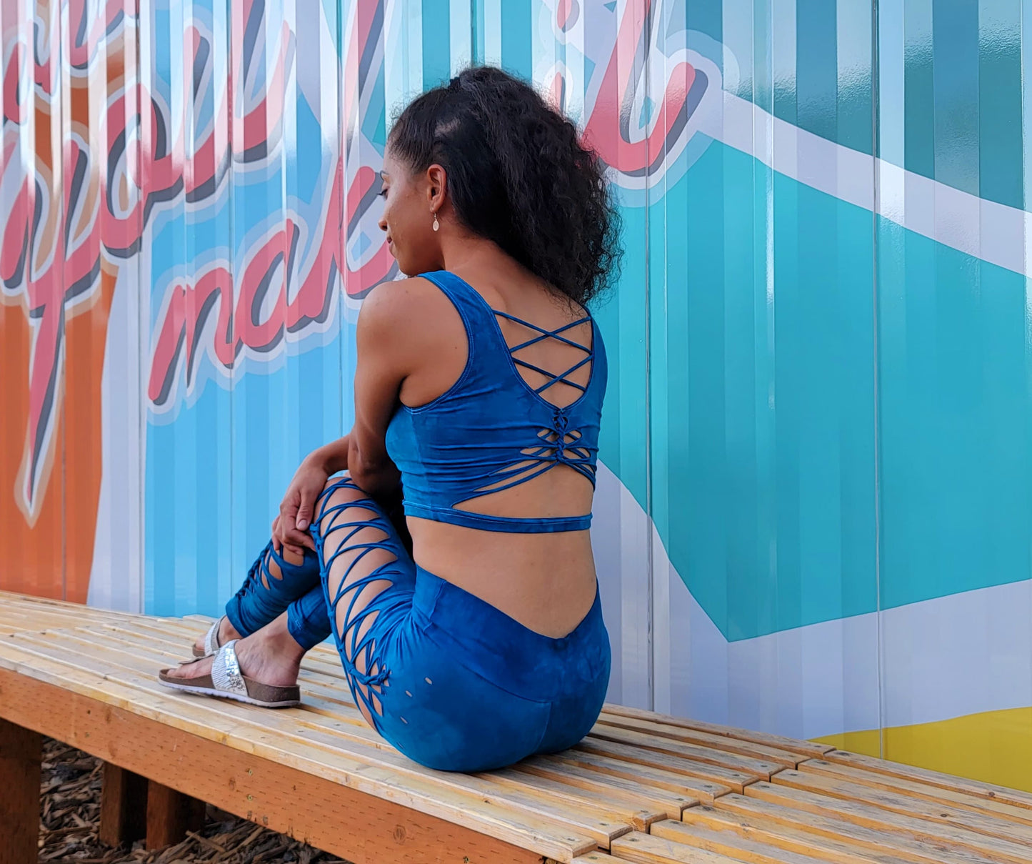 Cerulean Blue Strappy Crop Top Open back Yoga Tank Slit Weave