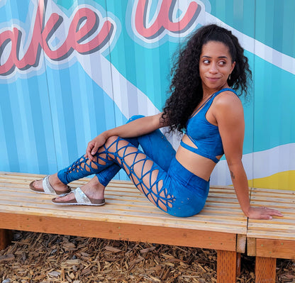 Cerulean Blue Strappy Crop Top Open back Yoga Tank Slit Weave