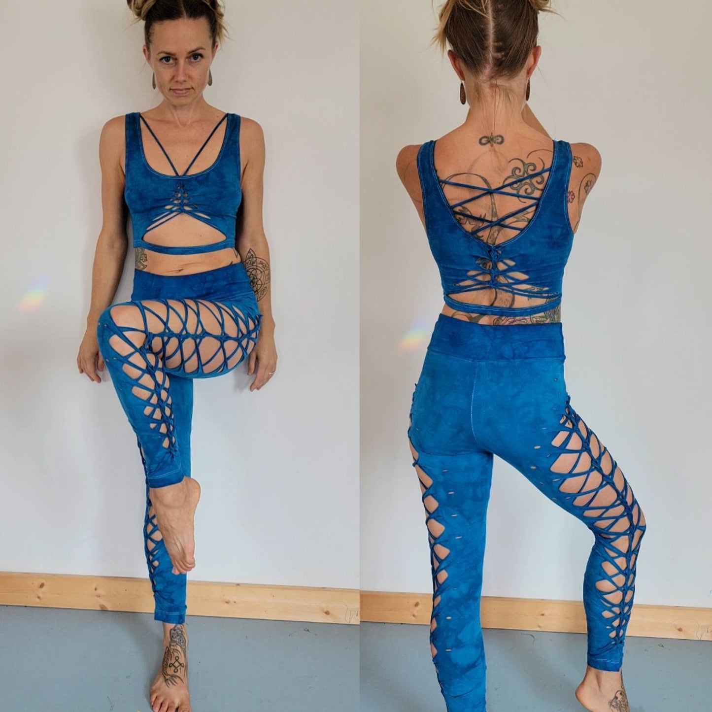 Cerulean Blue Strappy Crop Top Open back Yoga Tank Slit Weave __etsy:4261636846