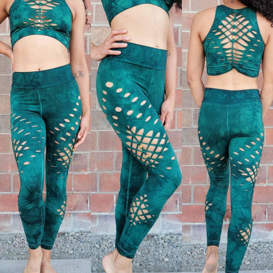 Blue Green Braided Yoga leggings Hand Dyed