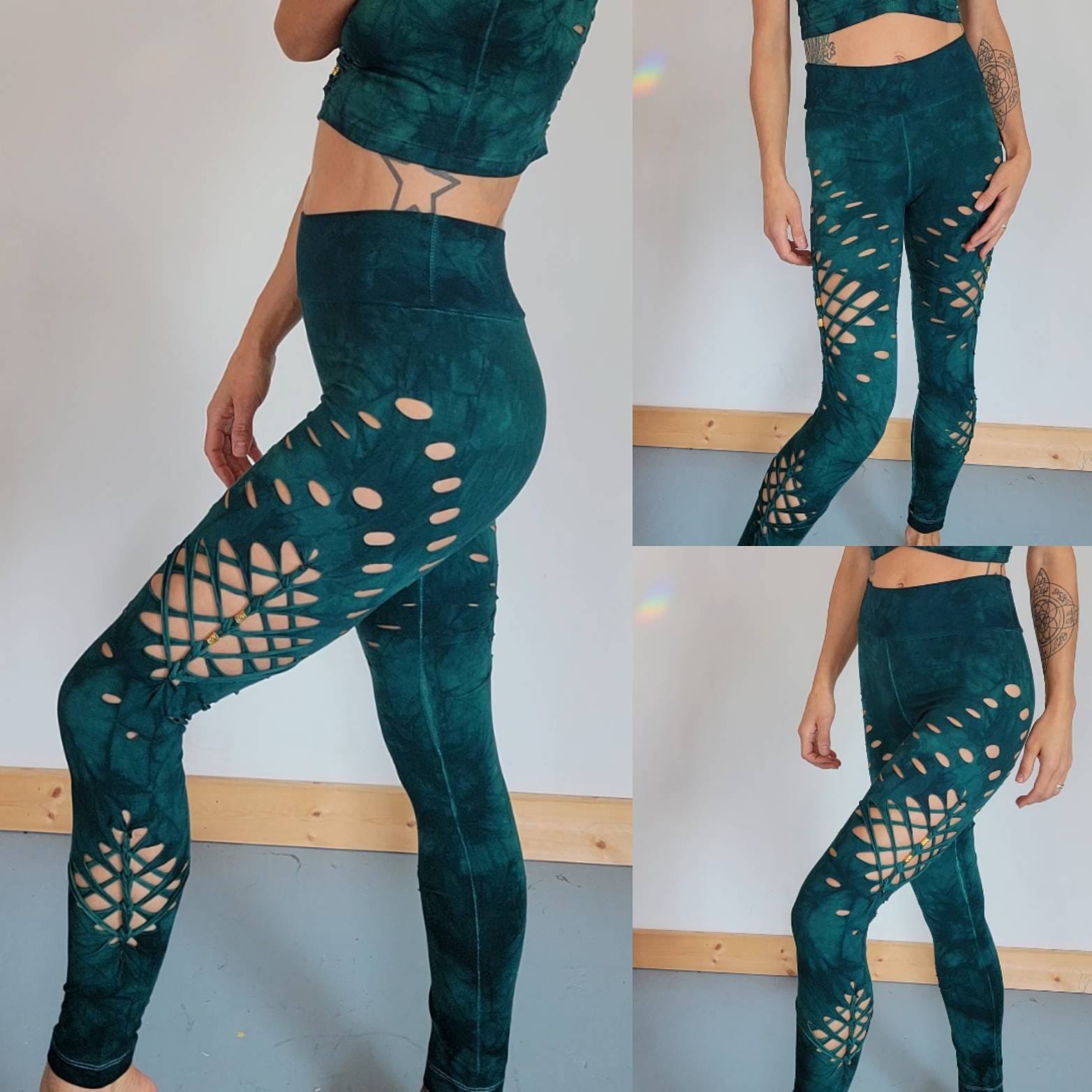Blue Green Braided Yoga leggings Hand Dyed __etsy:4261644830
