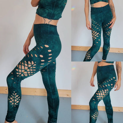 Blue Green Braided Yoga leggings Hand Dyed __etsy:4261644830