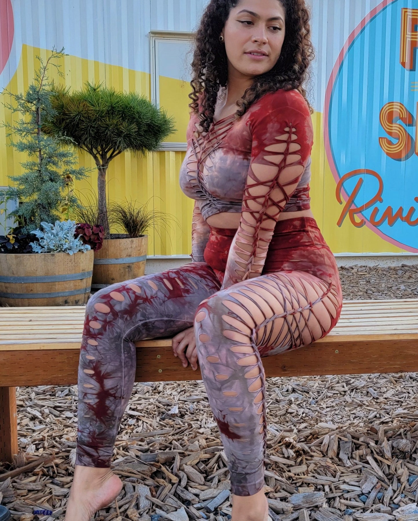 Terracotta to Shitake Long Sleeved Crop top Hand dyed Yoga Slit weave Fire hula hoop