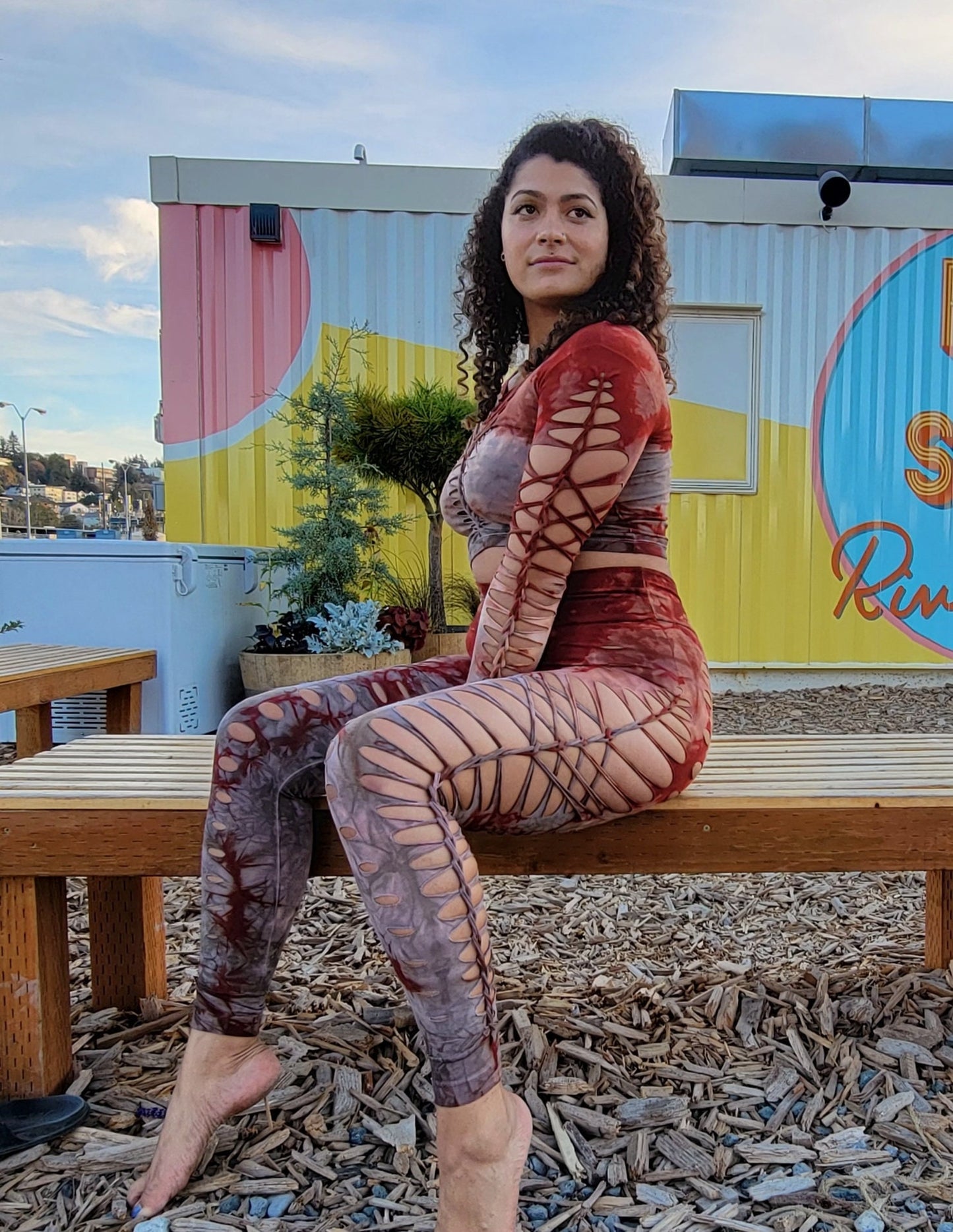 Terracotta to Shitake Long Sleeved Crop top Hand dyed Yoga Slit weave Fire hula hoop