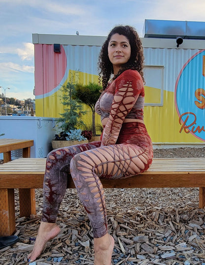 Terracotta to Shitake Long Sleeved Crop top Hand dyed Yoga Slit weave Fire hula hoop