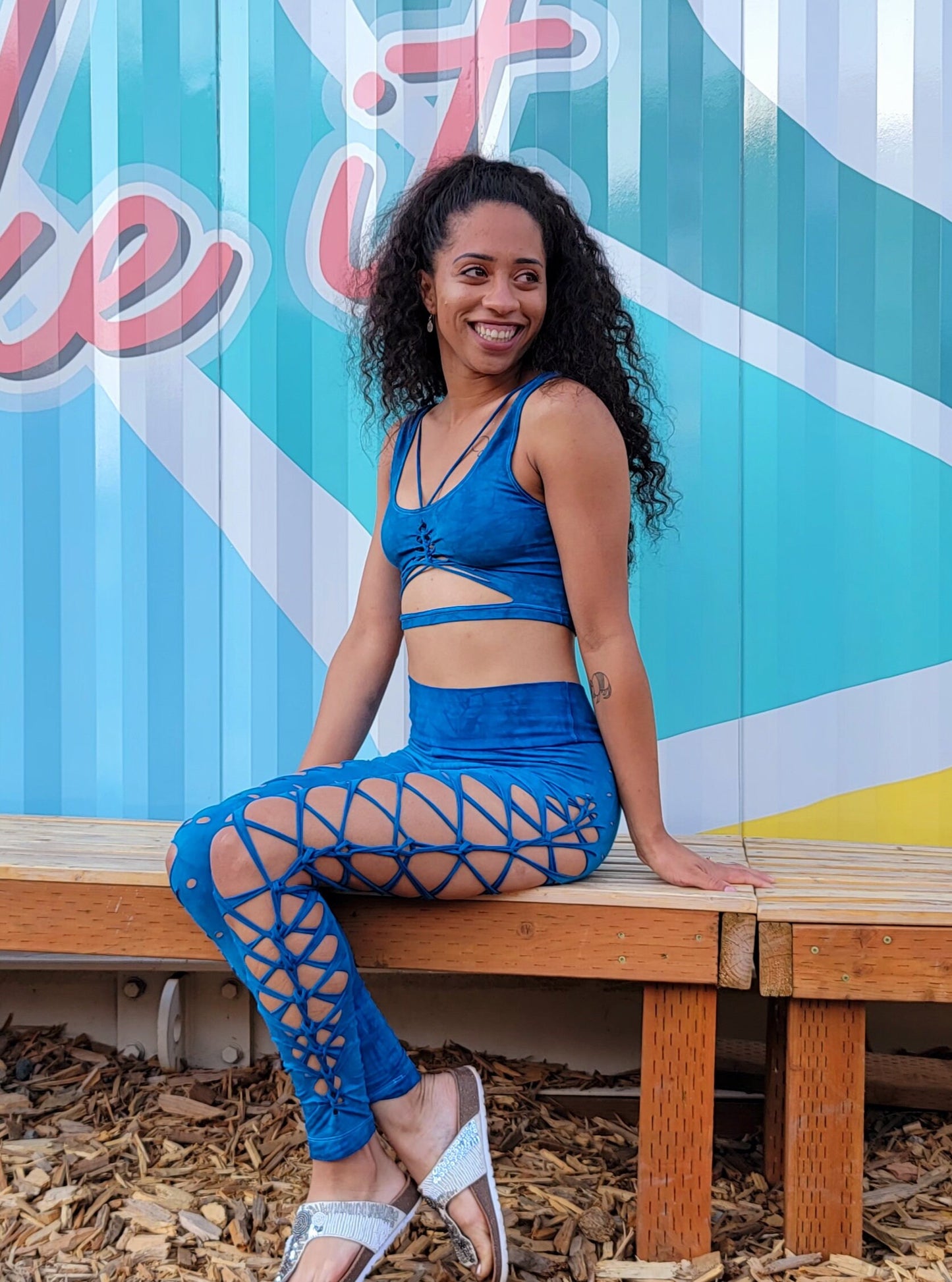 Cerulean Blue Braided Yoga leggings Hand Dyed __etsy:4302256509