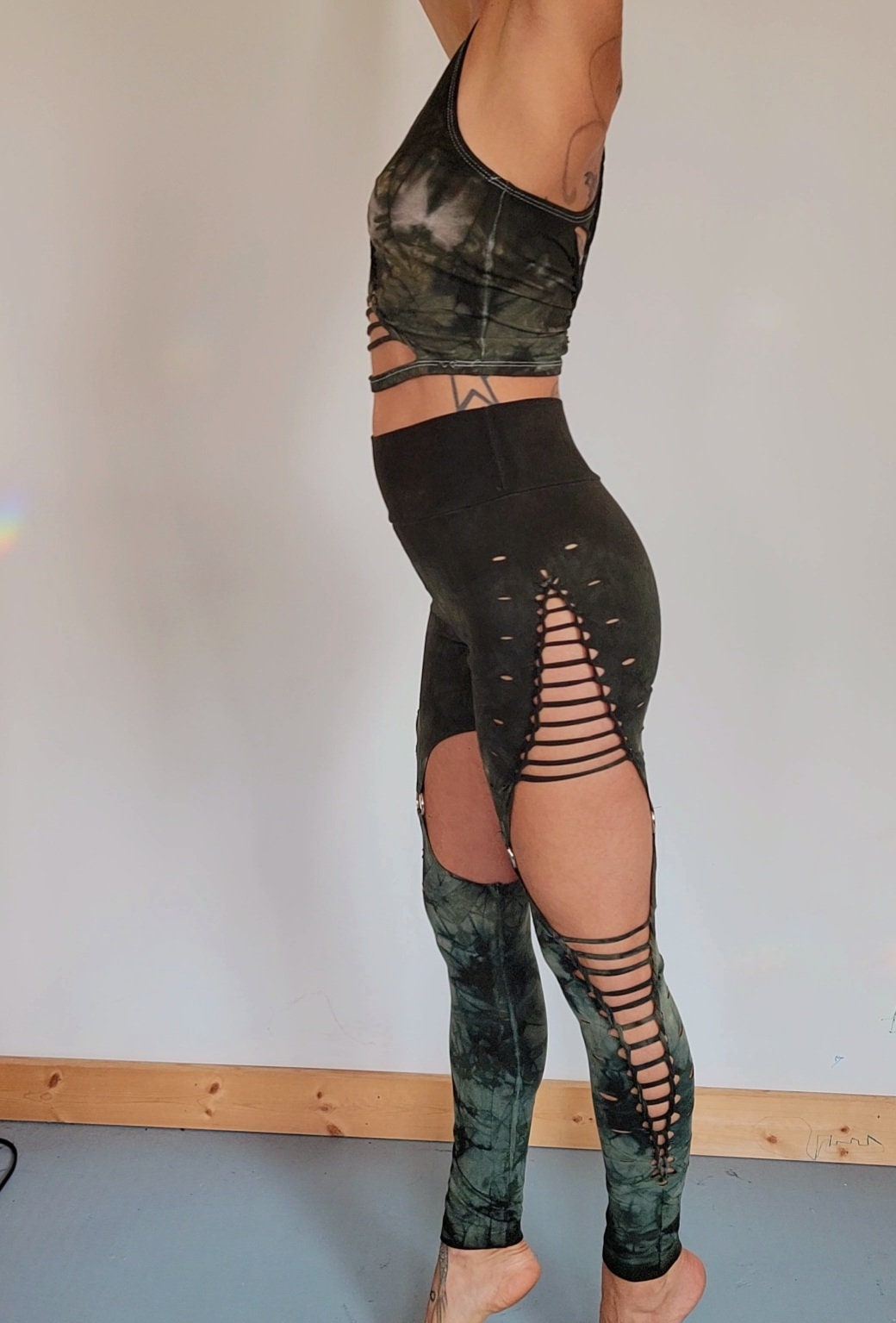 Sage Ombre Garter Leggings: Braided Ripped Festival Fashion __etsy:4307954335