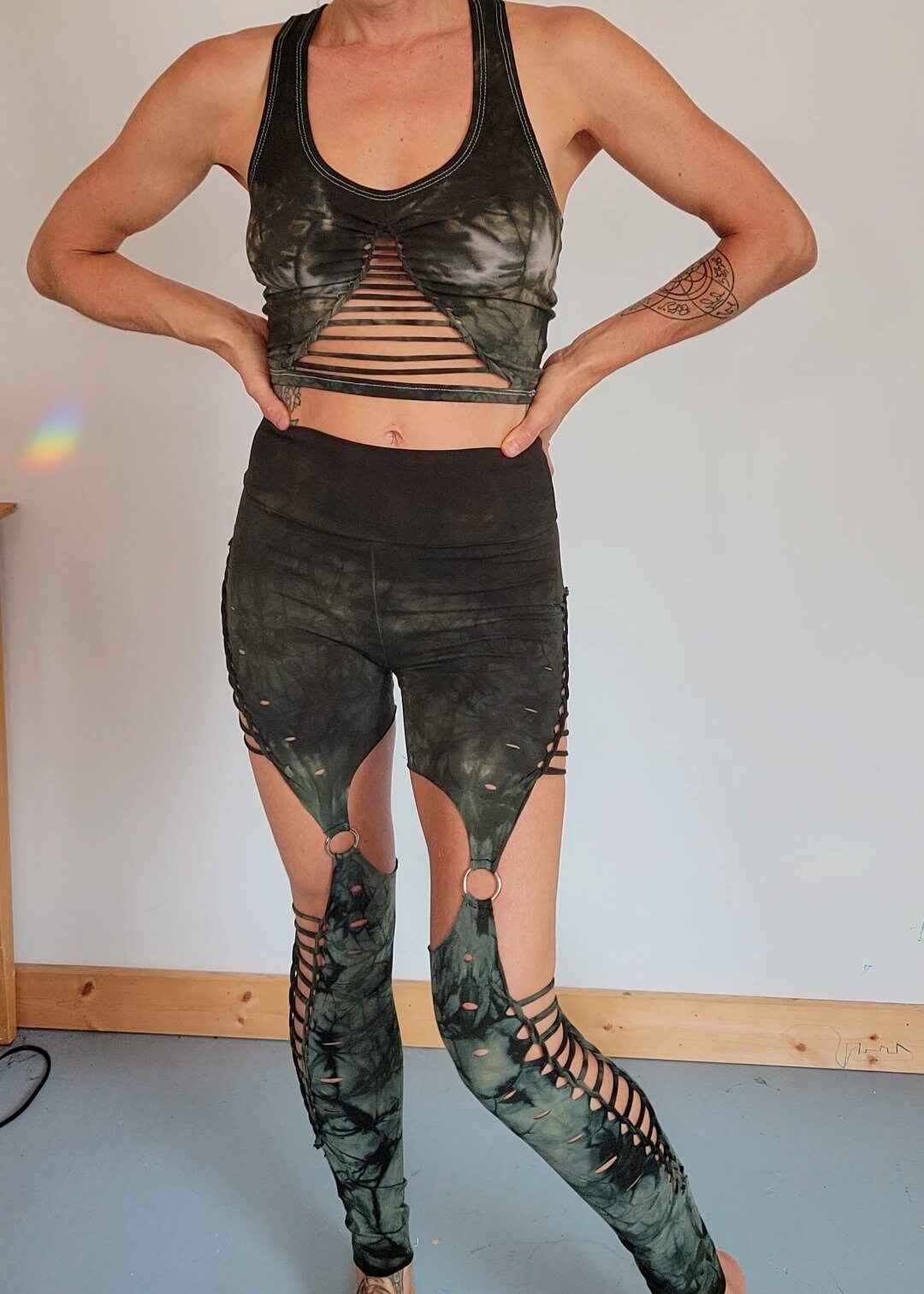 Sage Ombre Garter Leggings: Braided Ripped Festival Fashion __etsy:4307956369