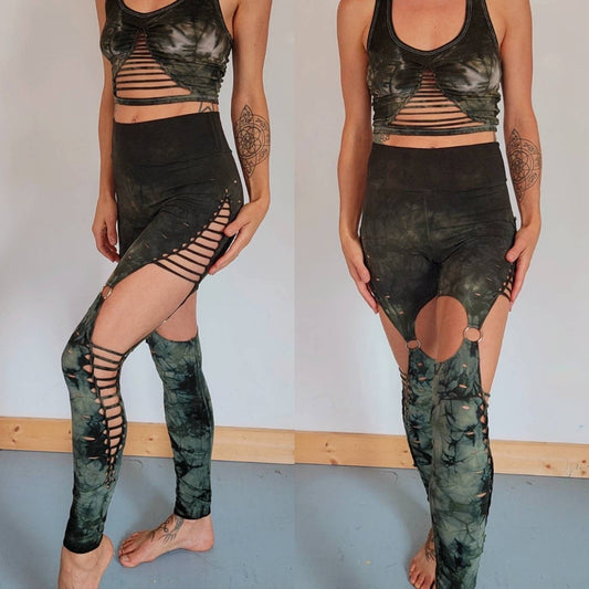 SAGE OMBRE Garter 2 Braided Yoga Leggings, hand dyed, boho, festival clothing, hoop fashion, ripped leggings, pole dance, slit weave