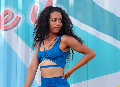 Cerulean Blue Strappy Crop Top Open back Yoga Tank Slit Weave