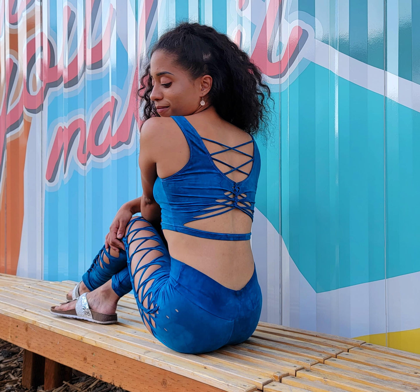 Cerulean Blue Strappy Crop Top Open back Yoga Tank Slit Weave