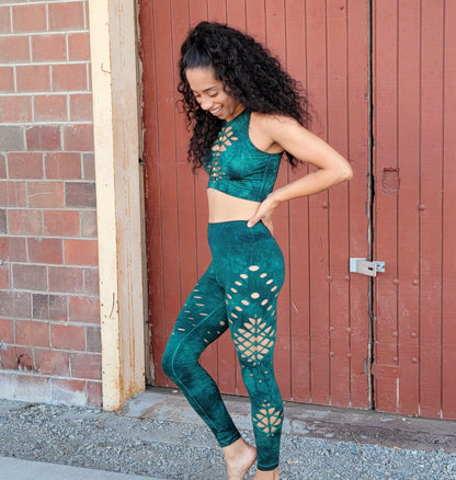 Blue Green Crop top Hand dyed Yoga Slit weave Fire hula hoop