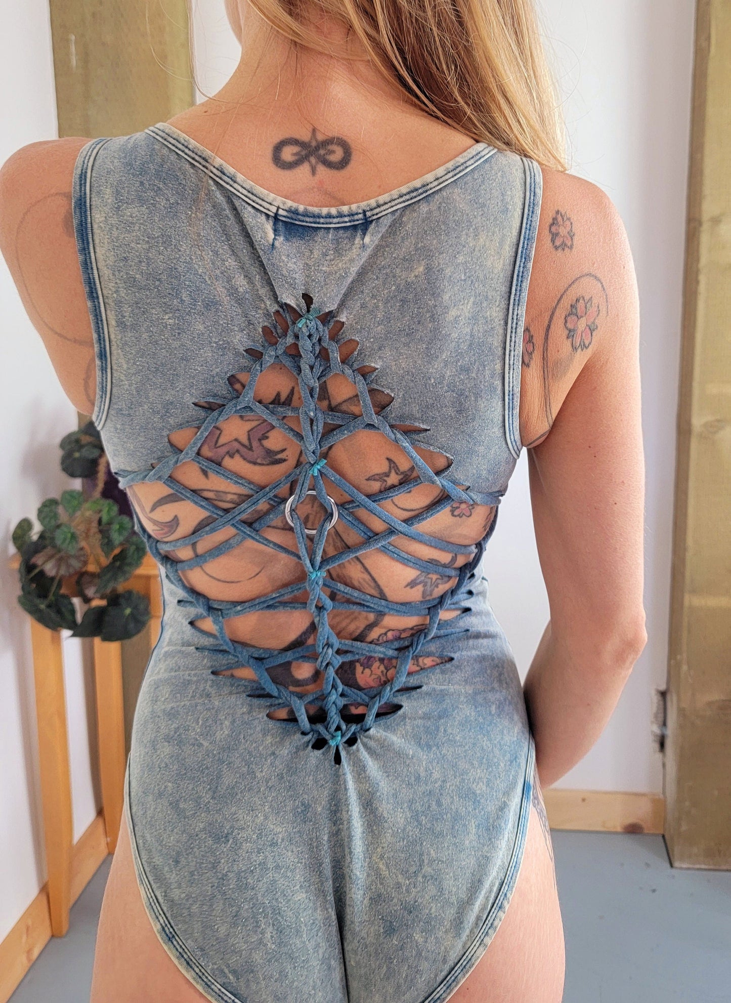 Acid Wash Ahimsa Braided bodysuit Yoga, Festival, dance, pole, hoop fashion, slit weave __etsy:4732016629