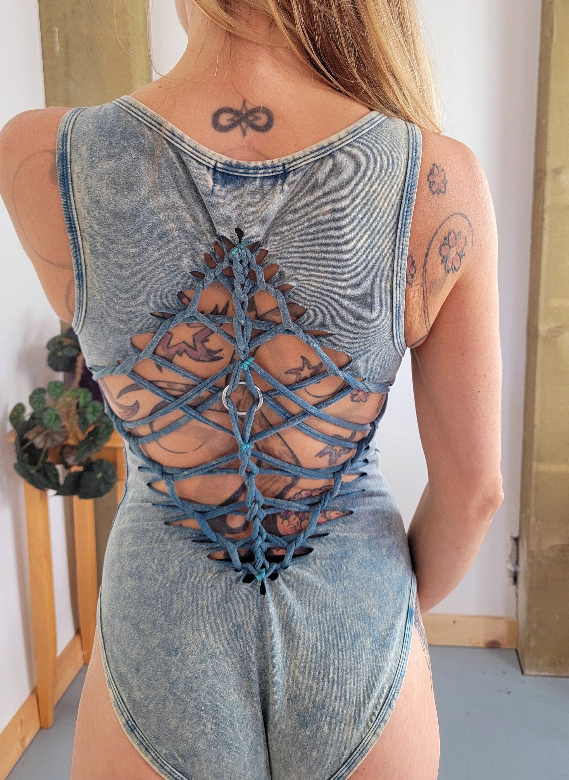 Acid Wash Ahimsa Braided bodysuit Yoga, Festival, dance, pole, hoop fashion, slit weave __etsy:4732016629