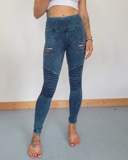 Aqua MOTO Mineral Wash Braided Yoga Leggings, boho, festival clothing, hoop fashion, ripped leggings, pole dance, slit weave LIMITED EDITION