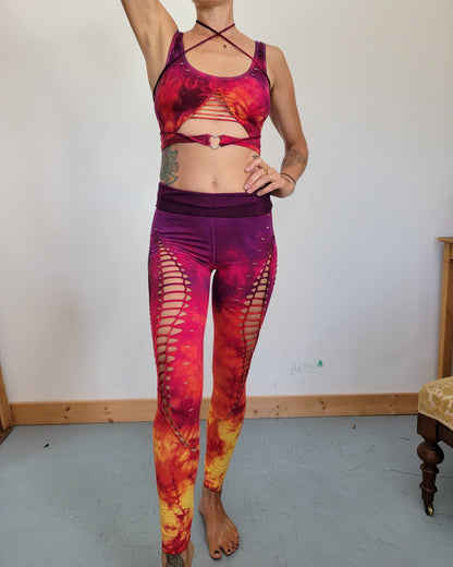 Lion Heart Yoga leggings Hand Dyed, fire safe, gift for her, hula hoop, slit weave