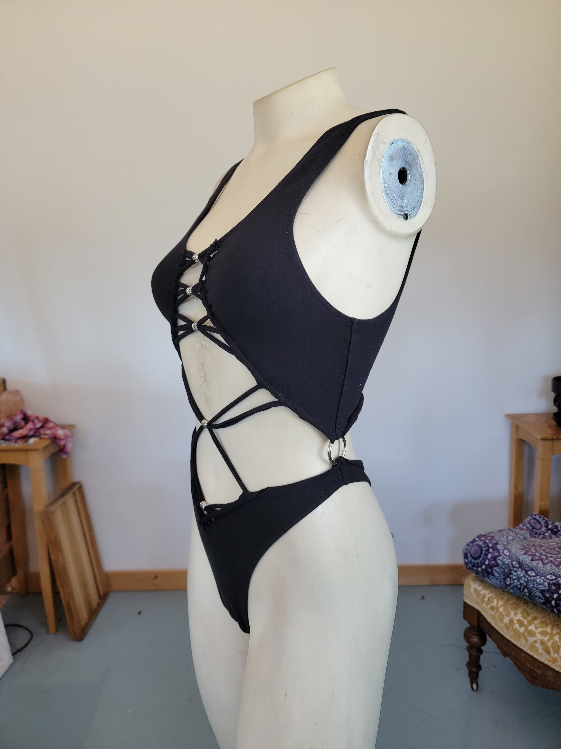 DRAGONESS Braided bodysuit Yoga, Festival, dance, pole, hoop fashion, slit weave __etsy:5144374528
