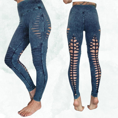 Aqua MOTO Mineral Wash Braided Yoga Leggings, boho, festival clothing, hoop fashion, ripped leggings, pole dance, slit weave LIMITED EDITION