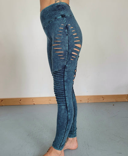 Aqua MOTO Mineral Wash Braided Yoga Leggings, boho, festival clothing, hoop fashion, ripped leggings, pole dance, slit weave LIMITED EDITION
