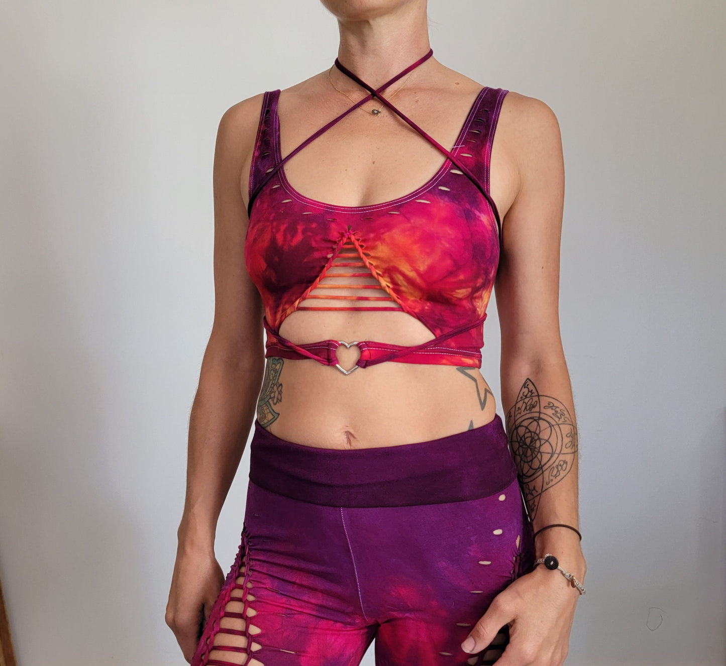 Lion Heart Crop Top Open back Yoga Tank Slit Weave