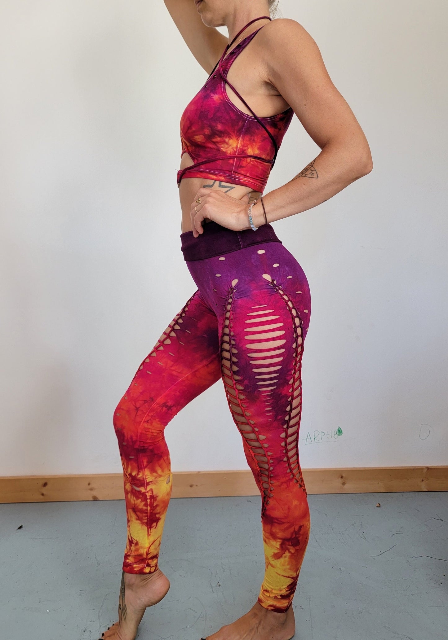 Lion Heart Yoga leggings Hand Dyed, fire safe, gift for her, hula hoop, slit weave